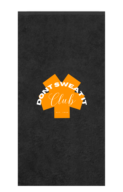 Black towel with orange and white graphic design on a white background