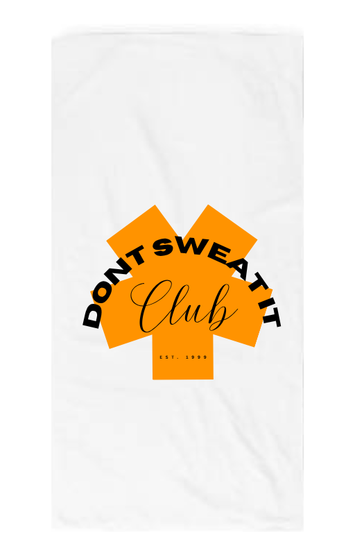 White exercise towel with orange graphic and text 'Don't Sweat It Club' on a white background