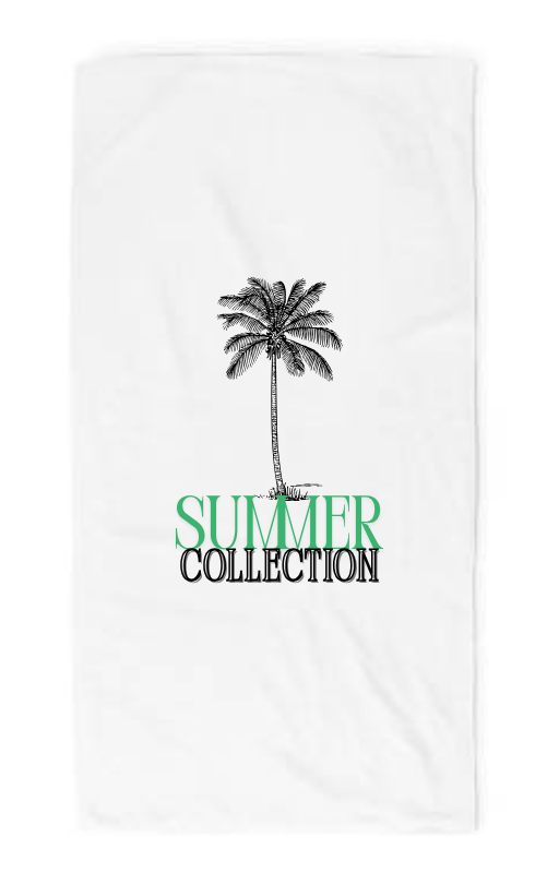 White towel with palm tree design and 'Summer Collection' text on a white background