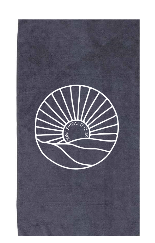 Grey exercise towel with a white logo on a grey background