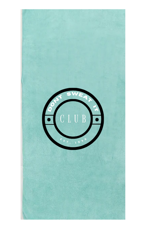 Teal exercise towel with 'Don't Sweat It Club' logo on a white background