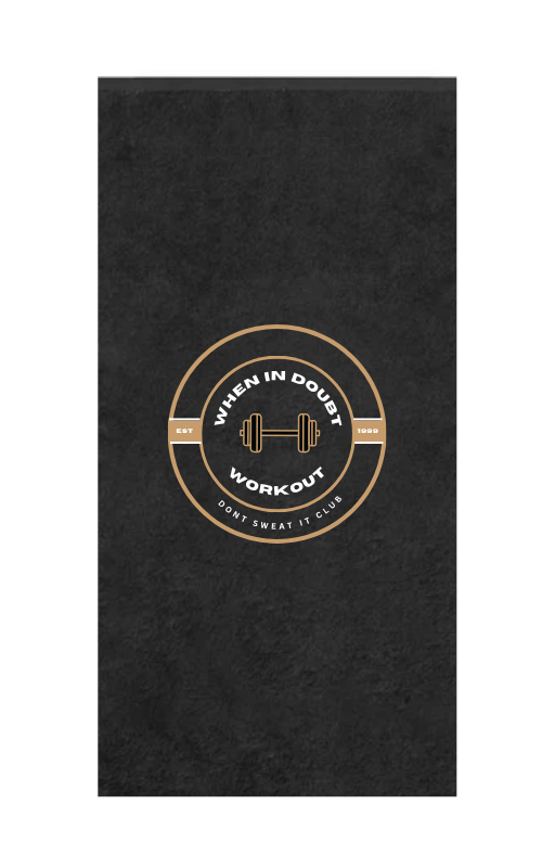 Black towel with gold and white logo and text on a black background
